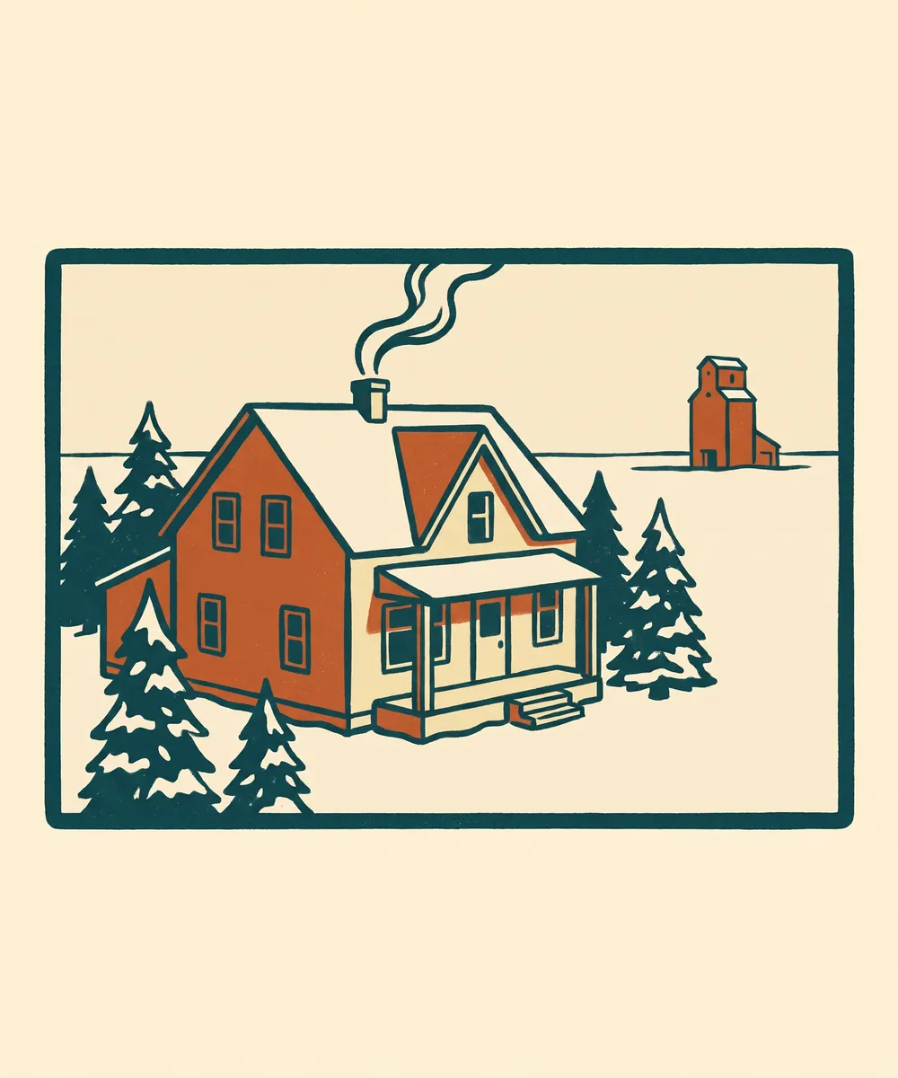 Illustration of a red farmhouse in the snow, with spruce trees and a grain elevator on the horizon