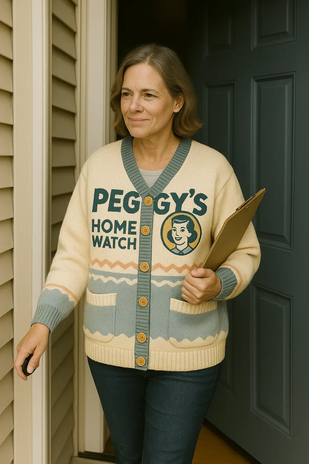Peggy from Peggy's Home Watch in her signature cardigan