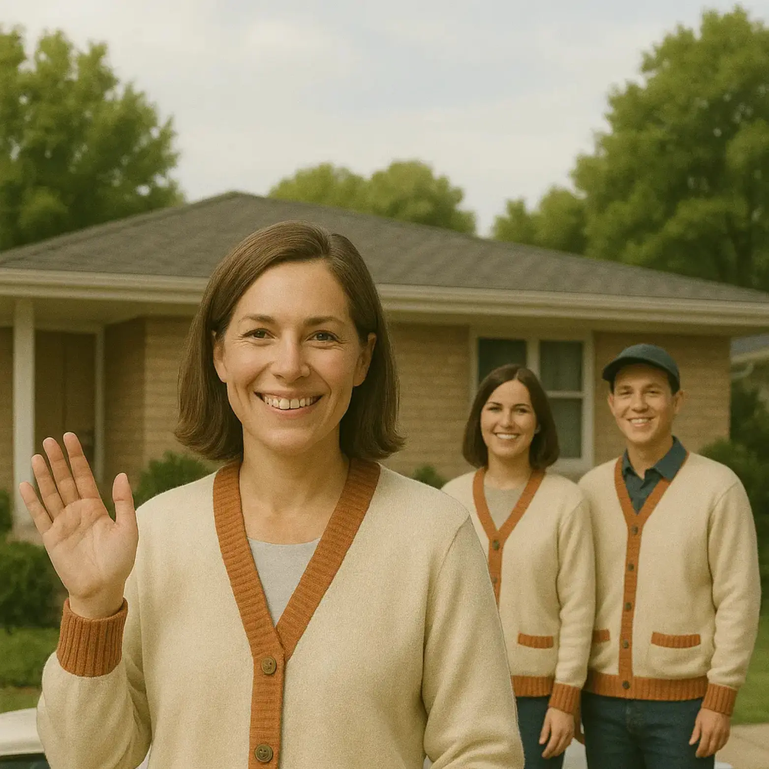 Peggy's Home Watch team in matching cardigans in front of a client's home